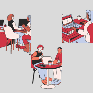 Drawings of figures working at computers with colleagues